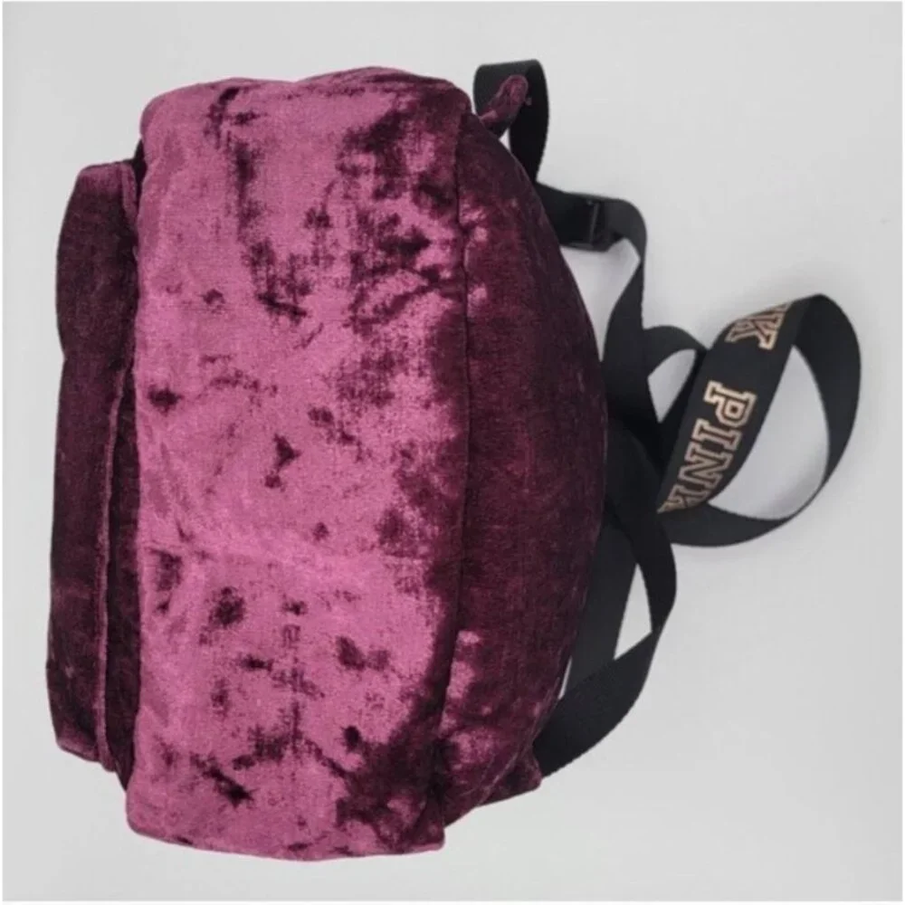 Victoria’s Secret PINK Burgundy Crushed Velvet Mini Backpack | Logo Straps | Zip - Picture 4 of 9